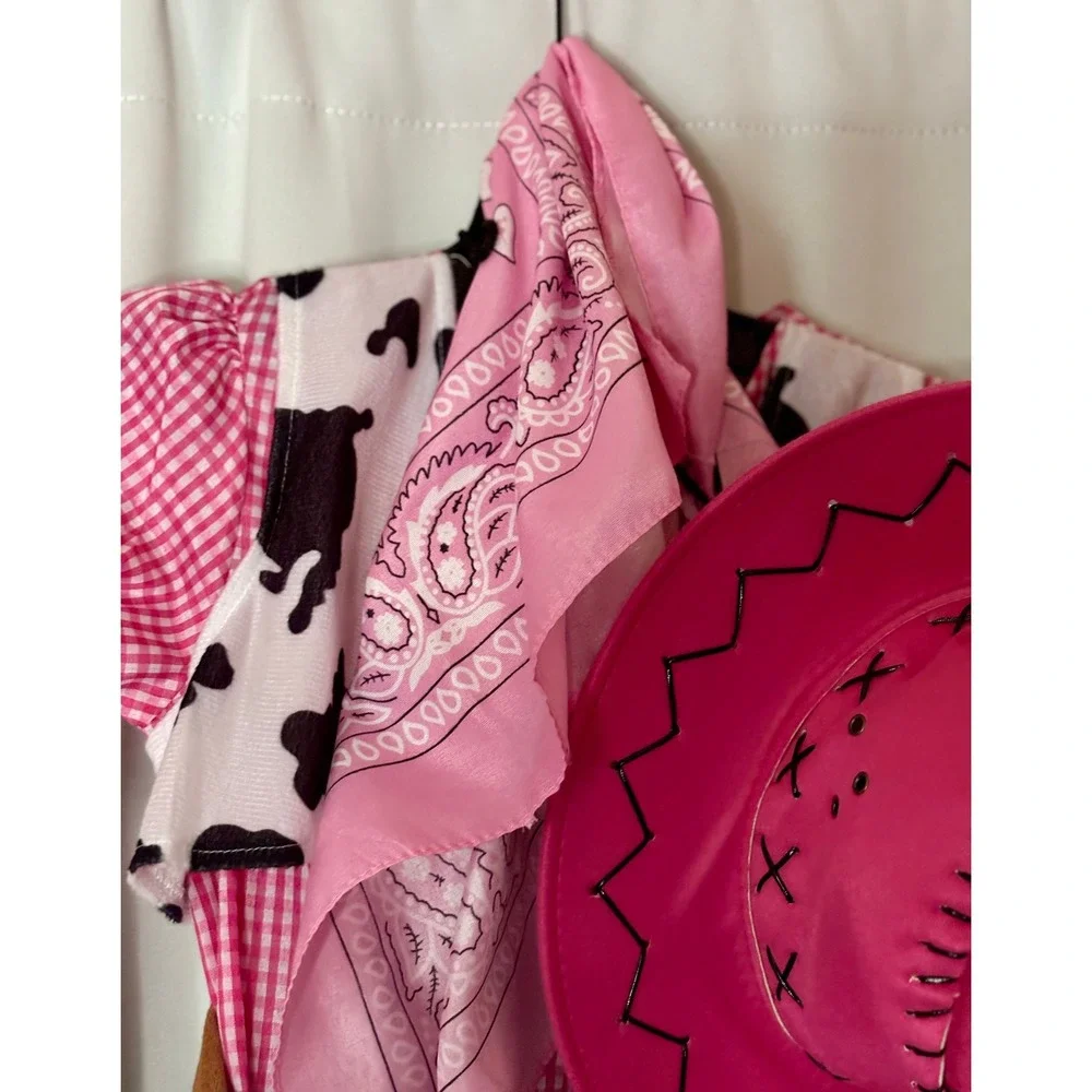 Girls Pink Cowgirl Western Sheriff Costume Gingham Cute Dress Cow Vest Hat Large